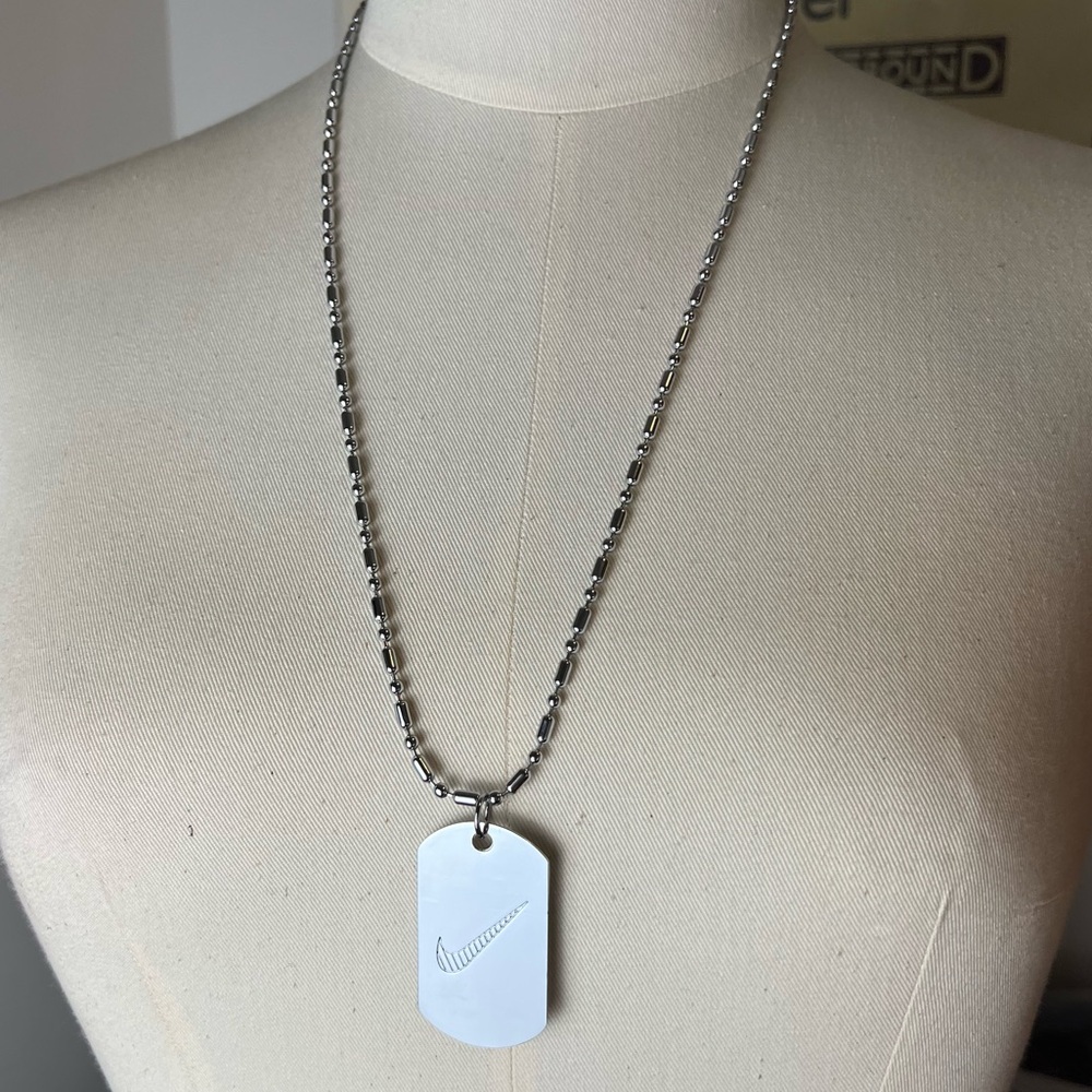 Nike Stainless Steel Swoosh Logo Dog Tag 2” Necklace Streetwear Hip Hop